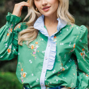 So True Green Floral Ruffle Blouse