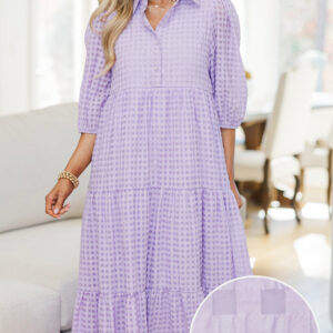 Love Found Lavender Gingham Tiered Midi Dress