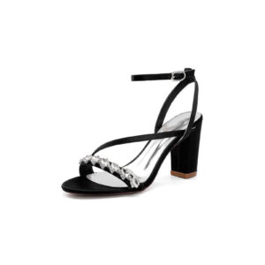 Open Toe Ankle Strap Satin Chunky Heels With Rhinestone