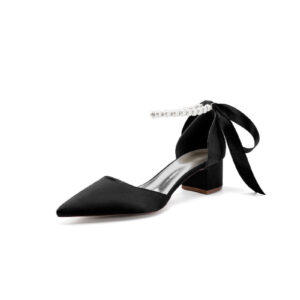 Alternative view of Pointed Toe Satin Pearl Ankle Strap Block Heels With Ribbon Tie