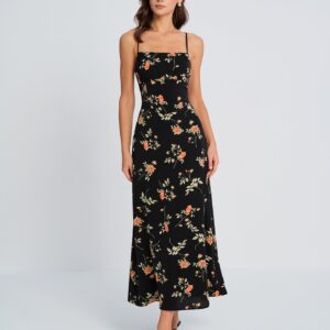 Black Square Neck Floral Slip Maxi Dress